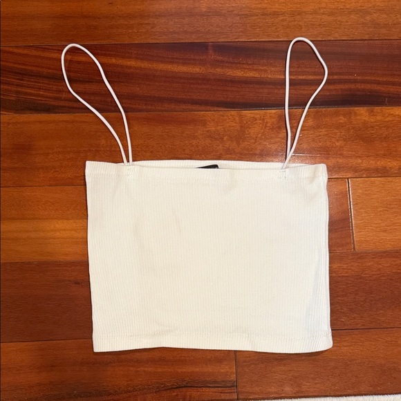 White Ribbed Spaghetti Strap Crop Top - Picture 1 of 4